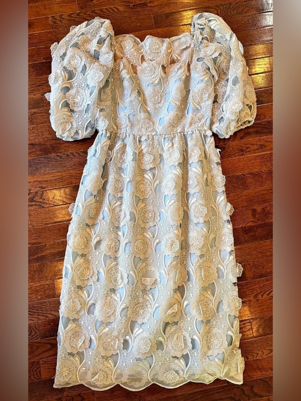 Vintage Richilene Floral Lace Dress Blue Coquette Whimsical Bridal Midi Small